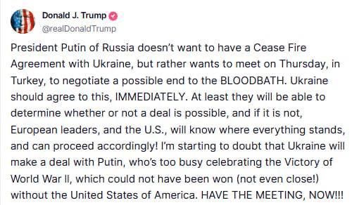Украина должна немедленно согласиться на переговоры с рф в Турции, – очередное послание Трампа